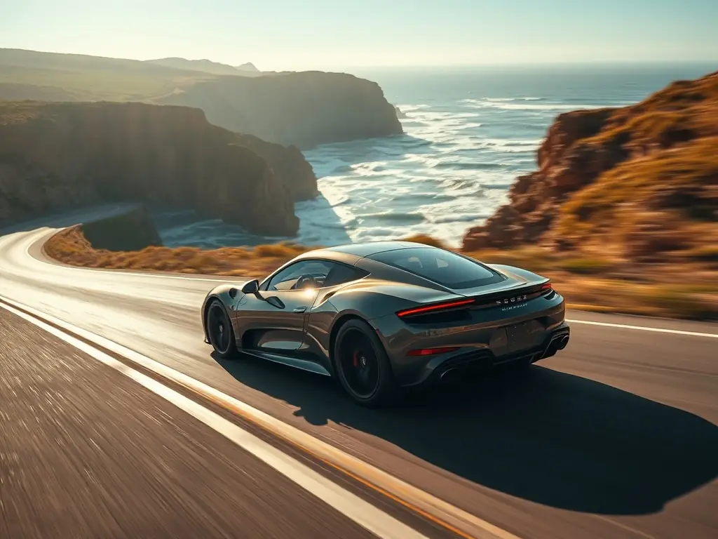 A sporty convertible cruising along a coastal highway, emphasizing the fun and freedom of driving a convertible rental.